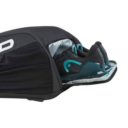 Mochila de ténis HEAD Tour 25L em preto com independente para sapatilhas, vista lateral em fundo branco