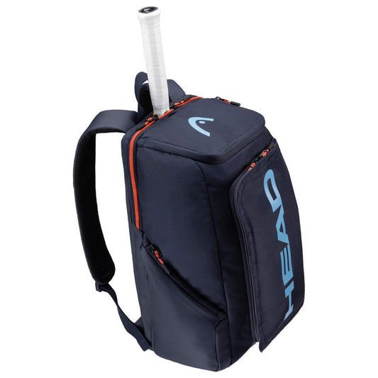 Mochila HEAD Pro 28L Azul Escuro com compartimento para 2 raquetes, vista lateral em fundo branco