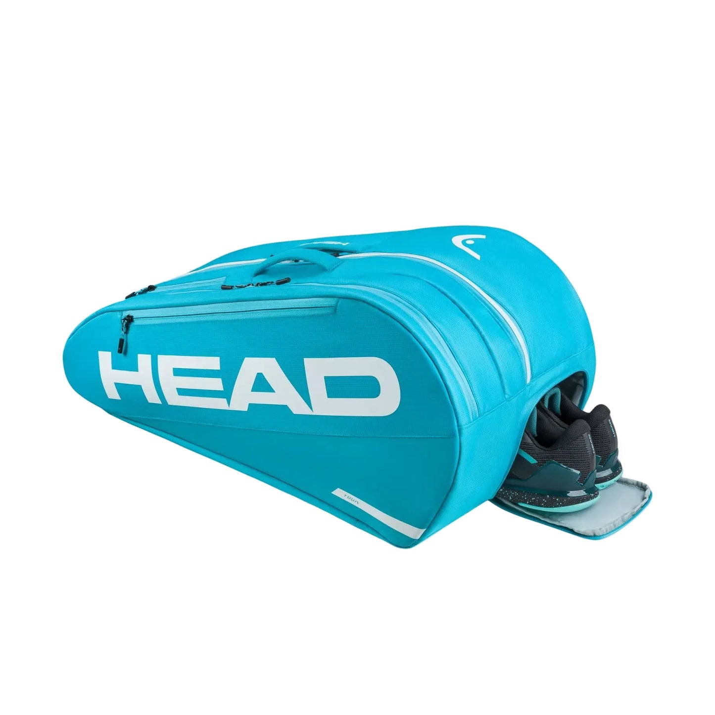 Detalhe do compartimento integrado para calçado do saco de raquetes de ténis L HEAD Tour em azul.