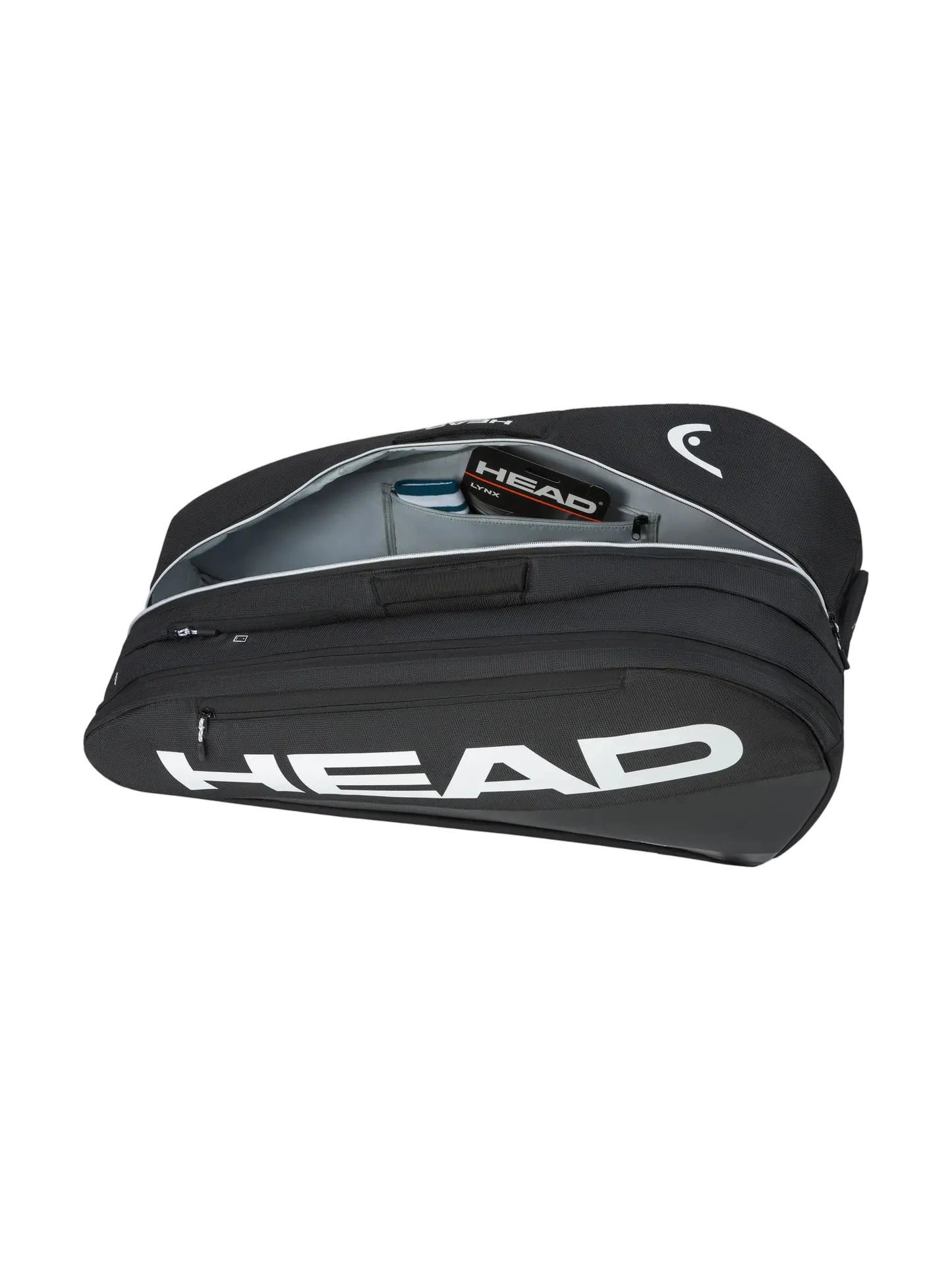 Detalhe do saco HEAD Tour Racquet Bag L BK com bolso interior e exterior para telemóvel, acessórios e fechos reforçados.