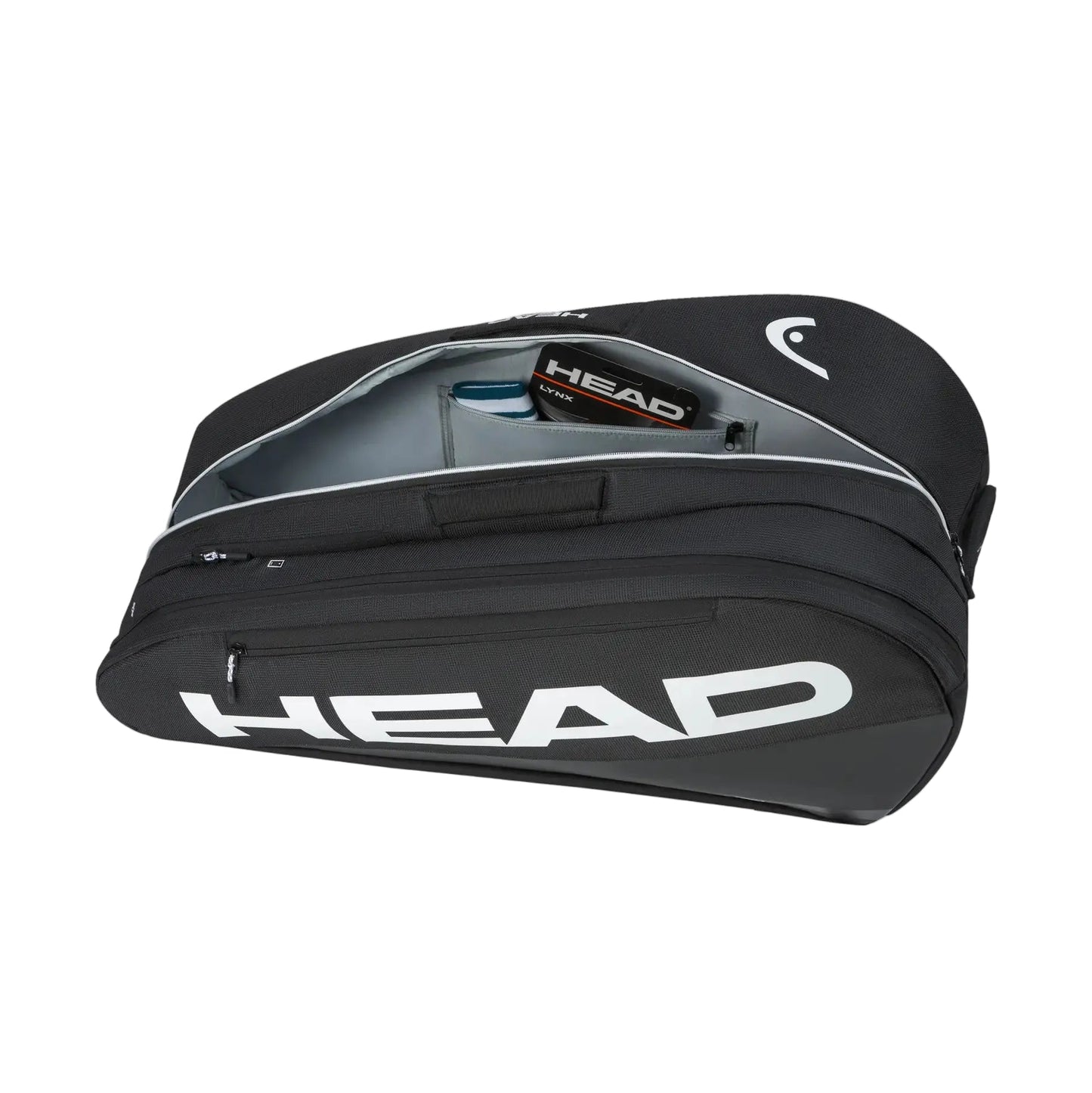 Detalhe do saco de raquetes de ténis L HEAD Tour em preto, com bolso interior e exterior para telemóvel, acessórios e fechos reforçados.