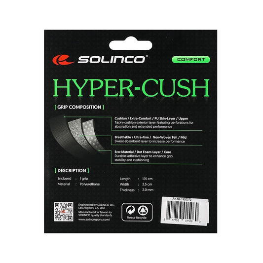 Grip Original Solinco Hyper-Cush Branco – embalagem traseira com detalhe sobre as camadas PU Skin e feltro não tecido ultrafino