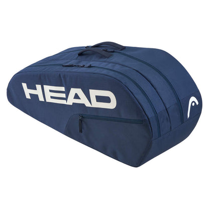 Saco de ténis HEAD Base M em azul escuro com capacidade para 6 raquetes e transporte estilo mochila, vista lateral em fundo branco