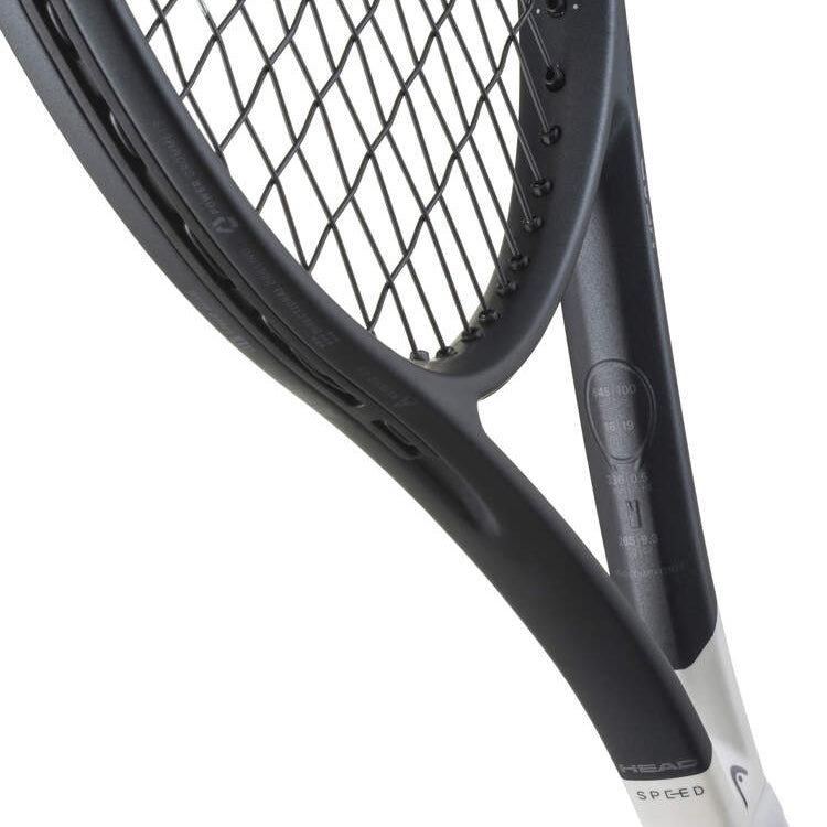 Raquete de ténis HEAD Speed MP UL 2026 ultra‑leve com design metálico mate e padrão 16x19, vista lateral de detalhe do coração em fundo branco