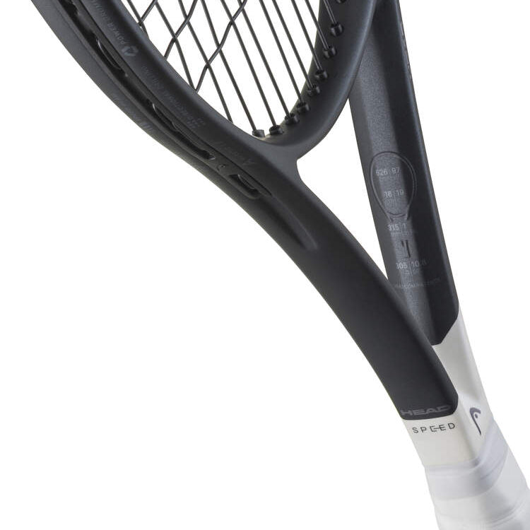 Raquete de ténis HEAD Speed Tour 2026 com cabeça 97 in² e design metálico mate, vista frontal do detalhe do coração em fundo branco