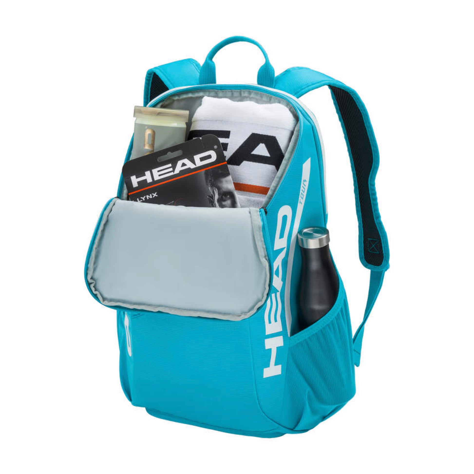 Mochila de ténis HEAD Tour 25L em Azul Speed com espaço para toalha e tubos de bolas, vista frontal em fundo branco