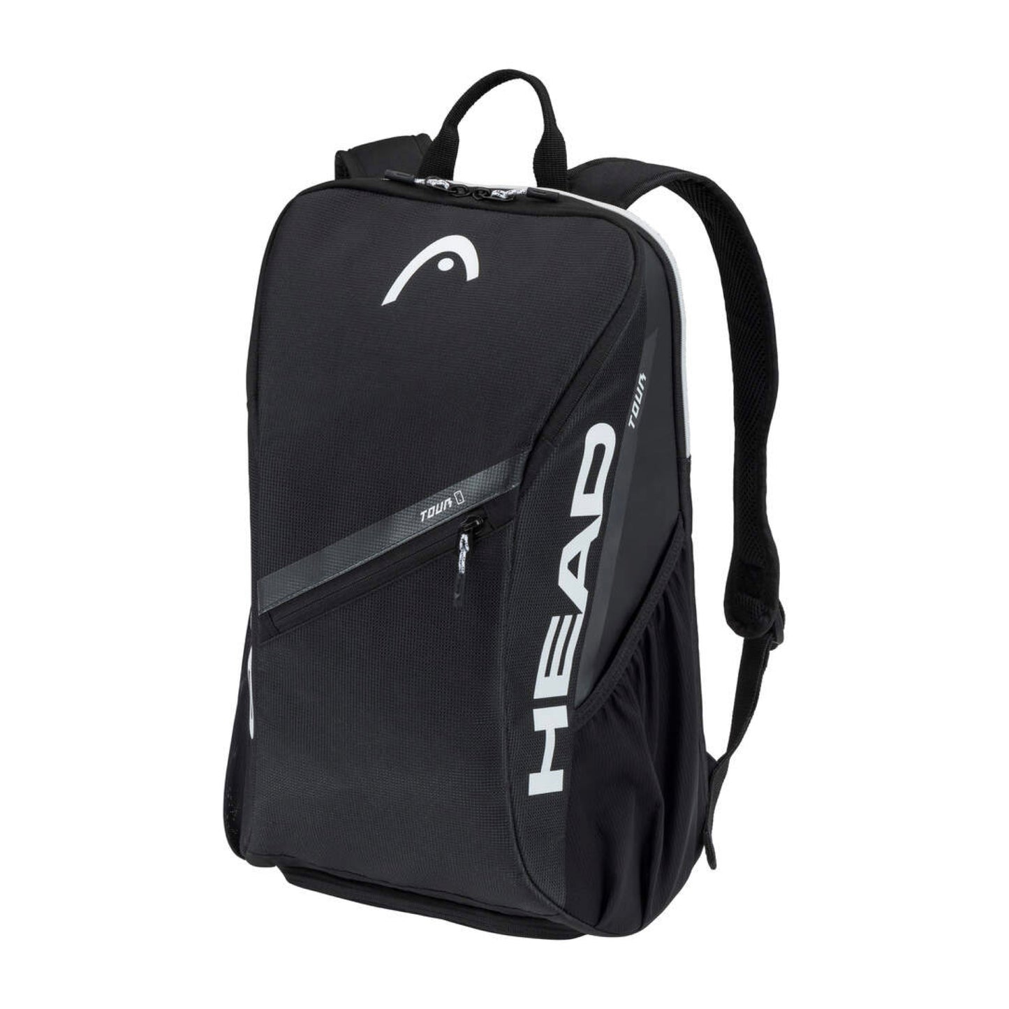 Mochila de ténis HEAD Tour 25L em preto com tecido refletor e compartimento para raquetes, vista frontal em fundo branco