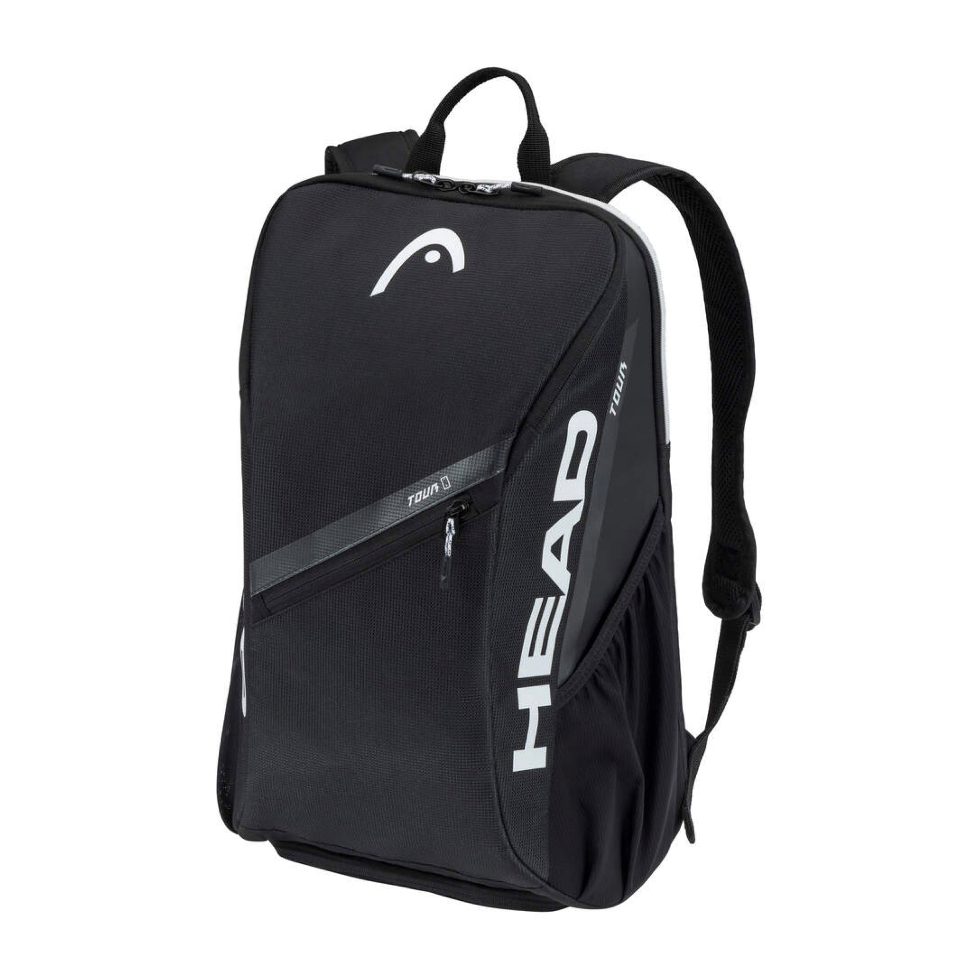 Mochila de ténis HEAD Tour 25L em preto com tecido refletor e compartimento para raquetes, vista frontal em fundo branco