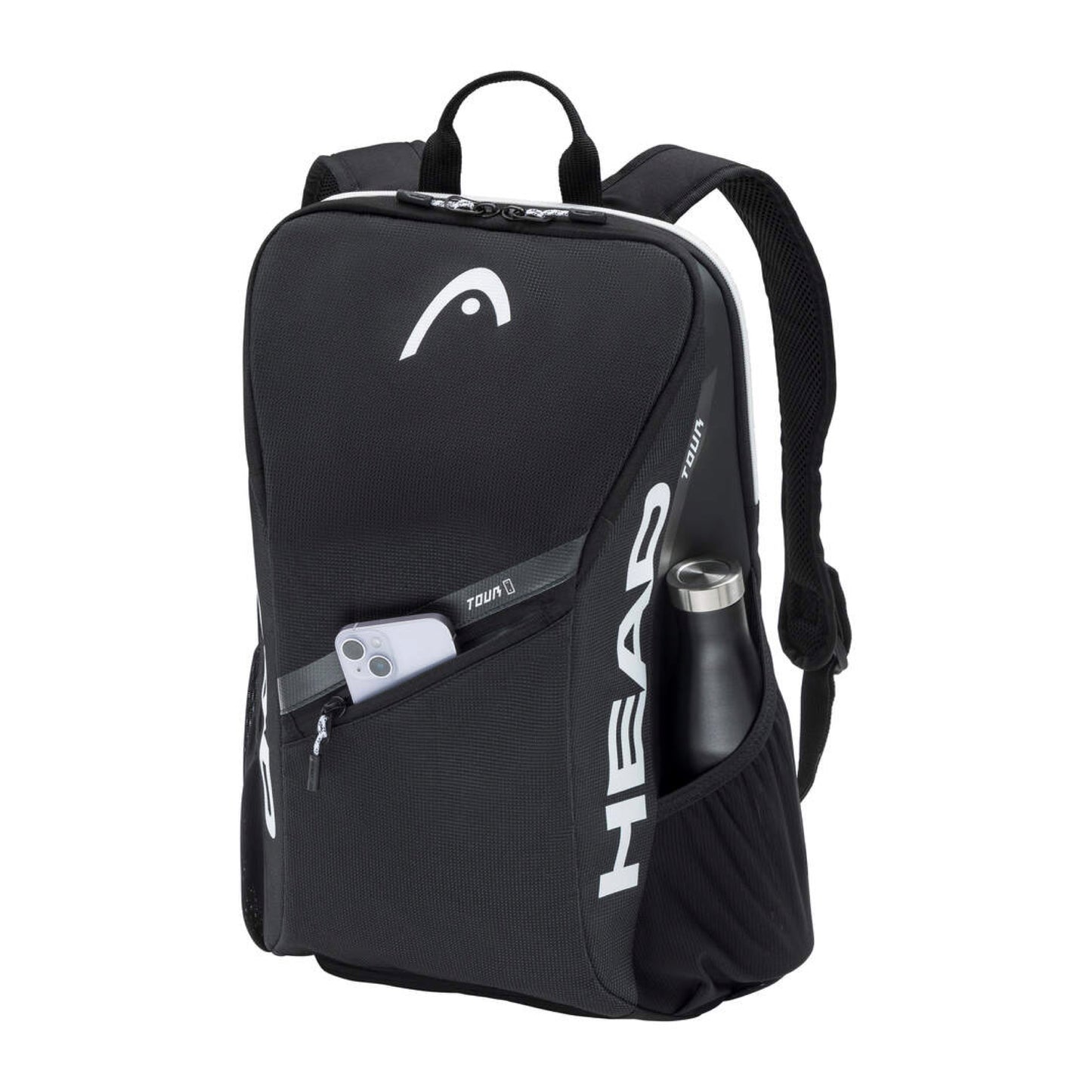 Mochila de ténis HEAD Tour 25L em preto com tecido refletor, um bolso de acesso rápido para o telemóvel e um compartimento para a garrafa de água, vista frontal em fundo branco
