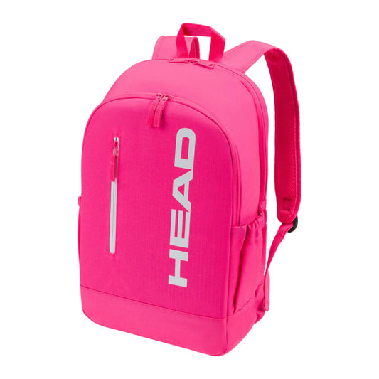 Mochila de ténis HEAD Base 17L Rosa com compartimento para raquetes e bolsos laterais em rede, vista frontal em fundo branco