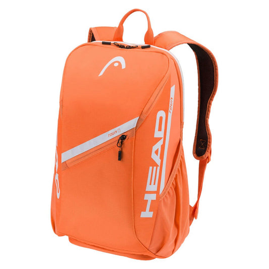 Mochila HEAD Tour 25L Laranja - vista lateral com bolsos laterais para garrafa de água ou tubos de bolas"