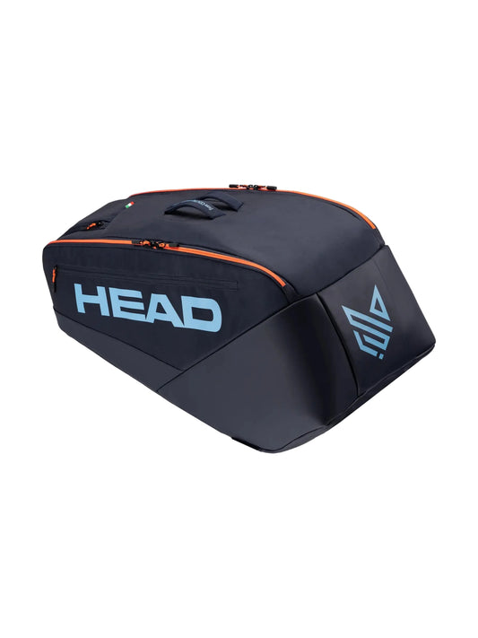 Saco de raquetes HEAD Pro Racquet Bag L NV em azul, inspirado em Jannik Sinner, com design premium e capacidade para até 9 raquetes.