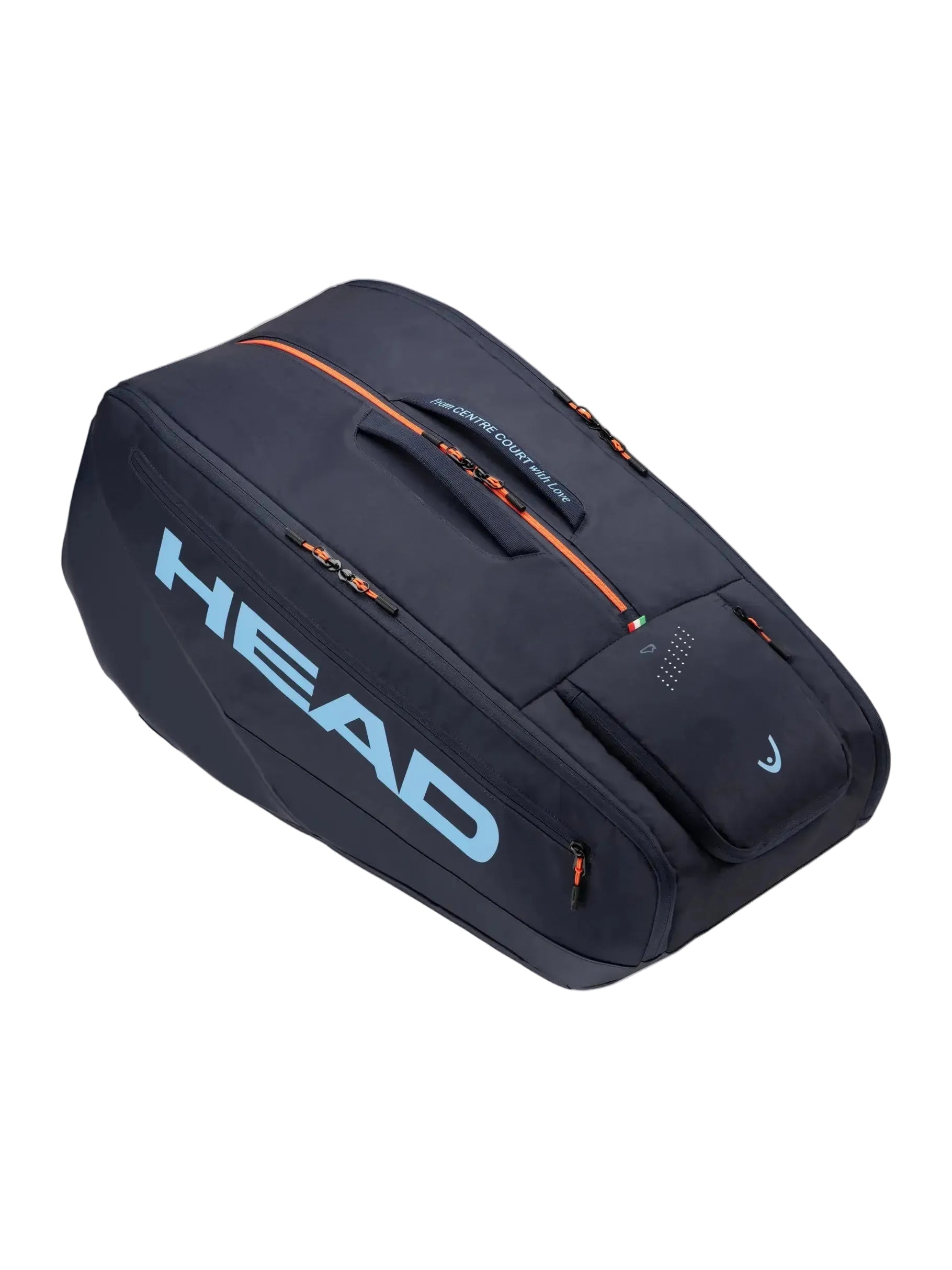 Vista superior do saco de raquetes HEAD Pro Racquet Bag XL NV em azul, com detalhes laranja e logótipo inspirado em Jannik Sinner