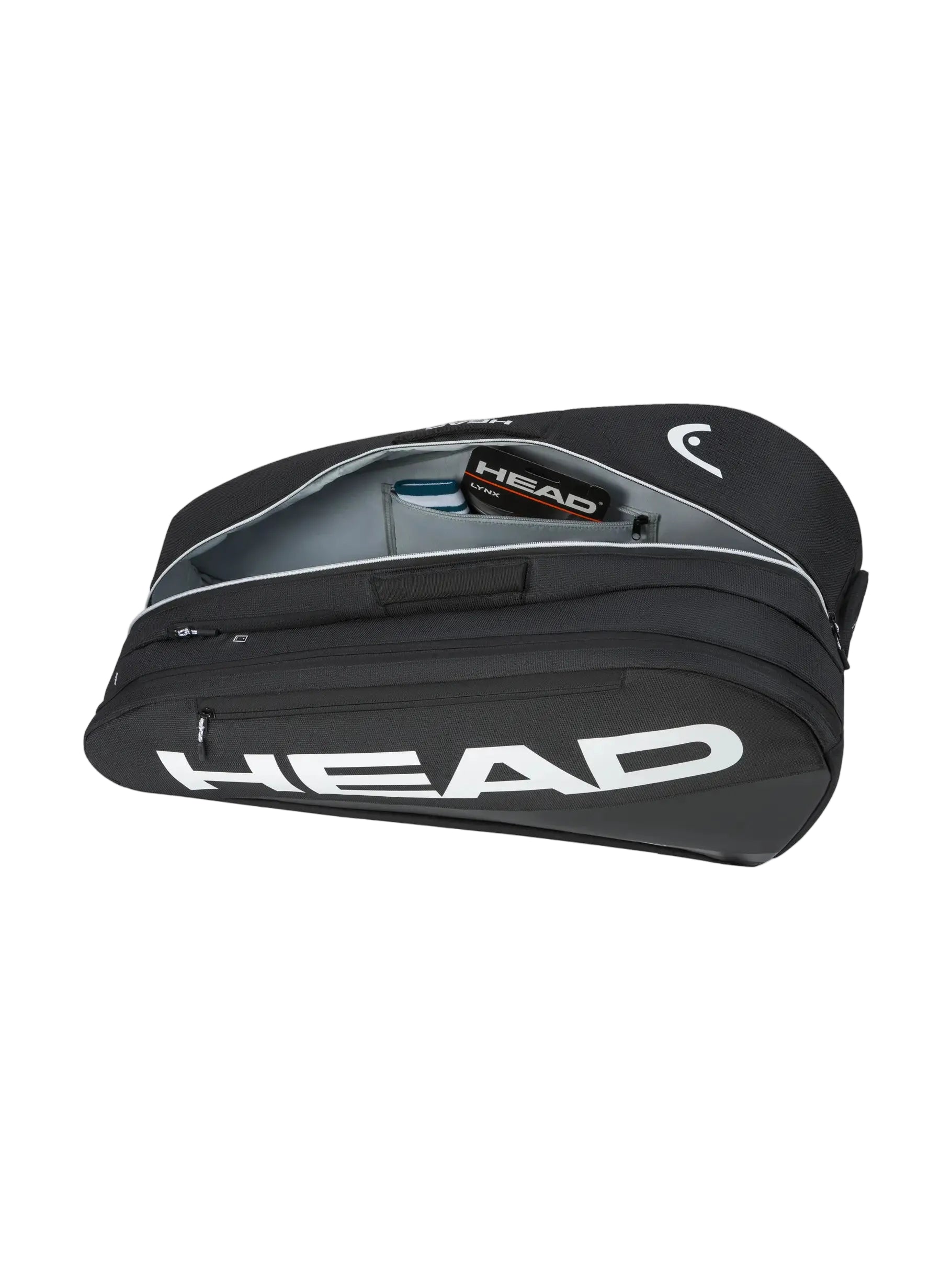 Detalhe do saco HEAD Tour Racquet Bag L BK com bolso interior e exterior para telemóvel, acessórios e fechos reforçados.