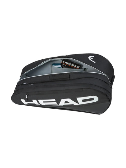 Detalhe do saco HEAD Tour Racquet Bag L BK com bolso interior e exterior para telemóvel, acessórios e fechos reforçados.