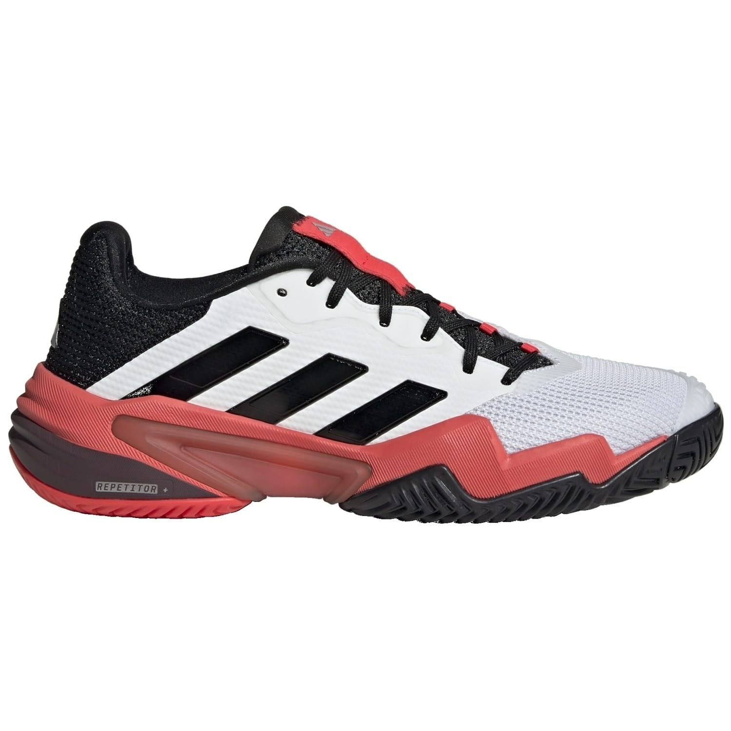 Sapatilhas Adidas Barricade 13 brancas - vista lateral exterior mostrando Torsion System e REPETITOR