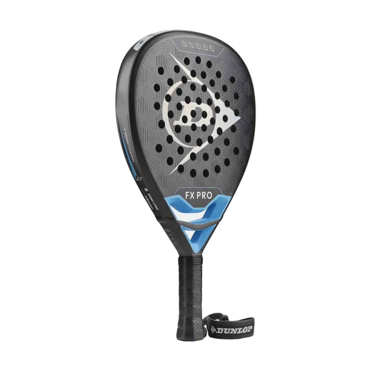 Raquete de padel Dunlop FX PRO 2026 em formato diamante com construção em carbono 12K, vista lateral em fundo branco