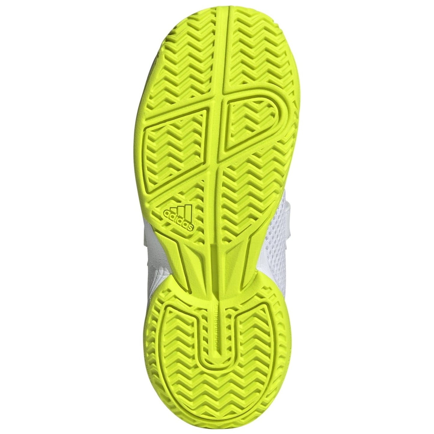 Detalhe da sola Adiwear das sapatilhas de ténis júnior adidas Courtflash K, resistente ao desgaste e adequada para todas as superfícies.