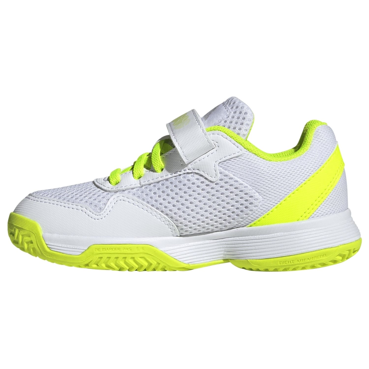 Vista lateral das sapatilhas de ténis júnior adidas Courtflash K, com design desportivo e sola resistente Adiwear.