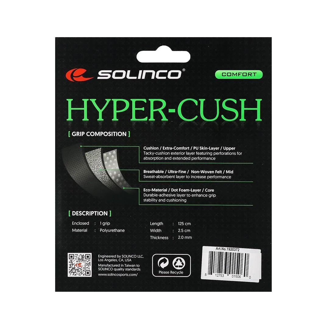 Grip Original Solinco Hyper-Cush Branco – embalagem traseira com detalhe sobre as camadas PU Skin e feltro não tecido ultrafino