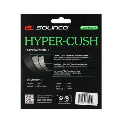 Grip Original Solinco Hyper-Cush Branco – embalagem traseira com detalhe sobre as camadas PU Skin e feltro não tecido ultrafino
