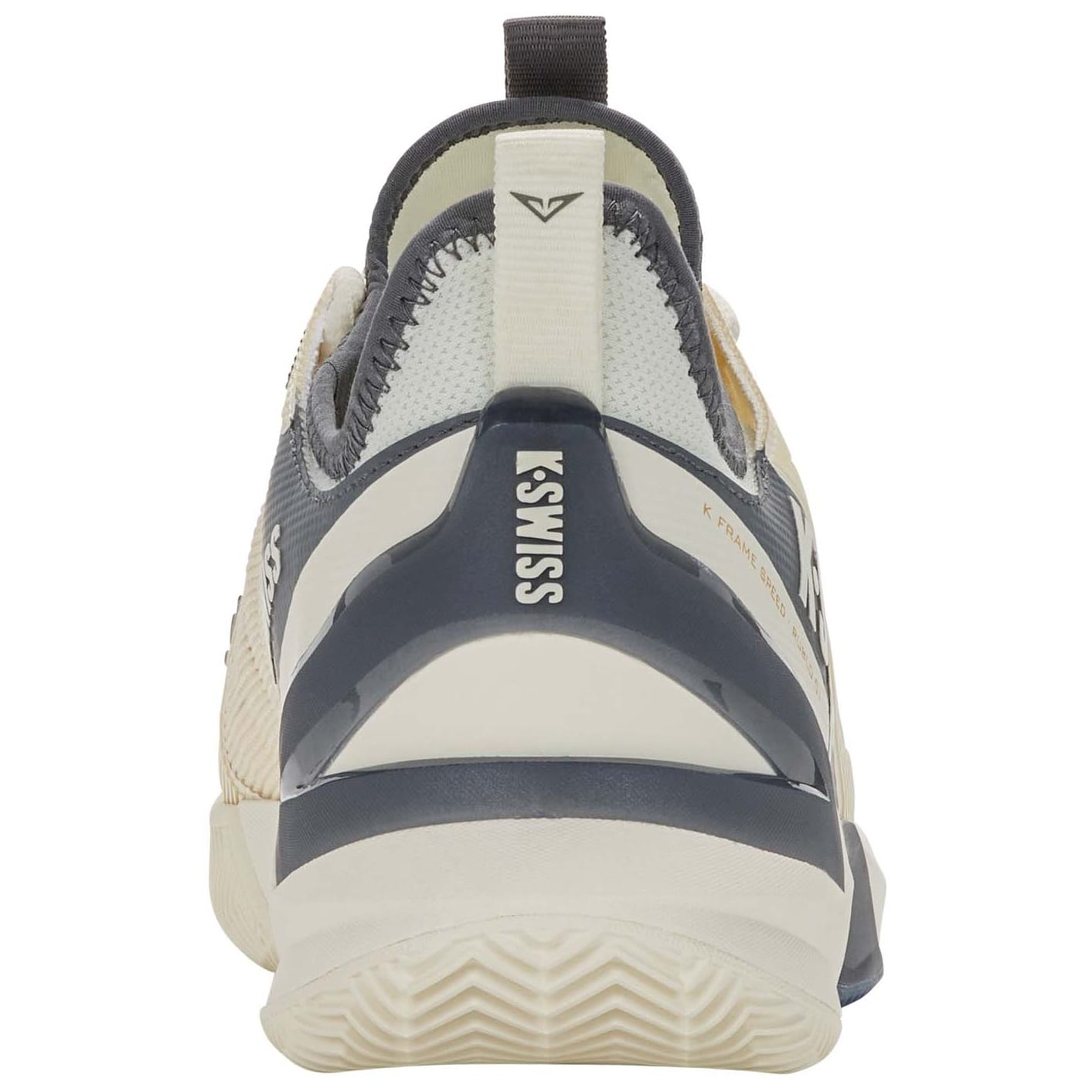 Vista traseira das sapatilhas K-Frame Speed Rublev Clay, com calcanhar estruturado para maior estabilidade.