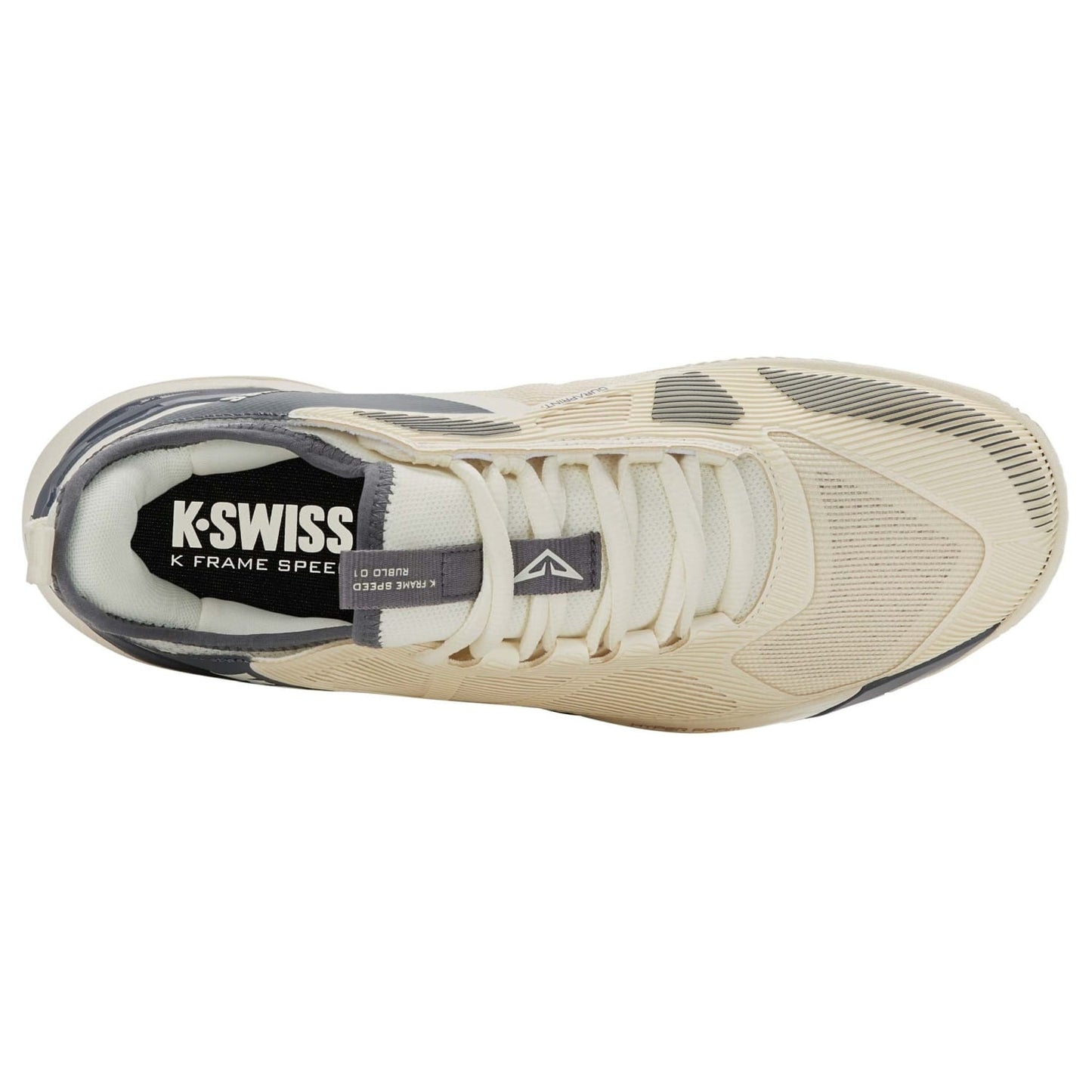 Vista superior das sapatilhas K-Frame Speed Rublev Clay, com parte superior leve e respirável em Duraprint.