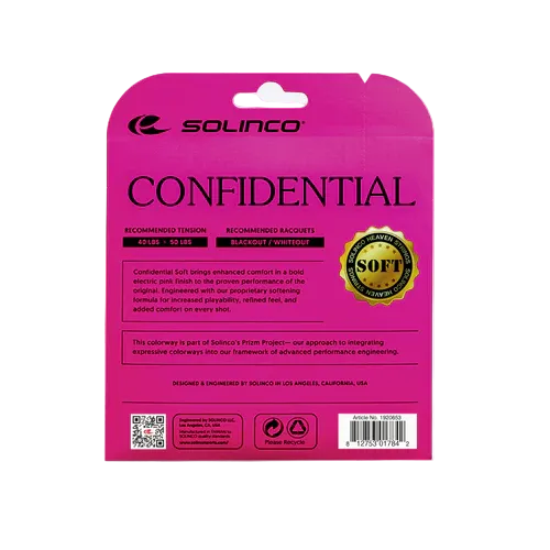 Set de corda Solinco Confidential Soft em Rosa Elétrico, versão mais suave da Confidential original, oferecendo maior conforto e potência.