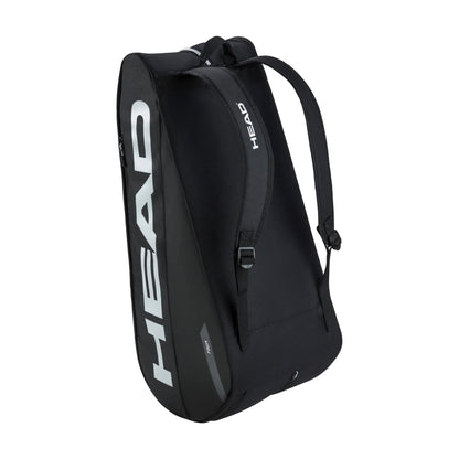 Saco de raquetes de ténis L HEAD Tour em preto, transportado às costas com sistema tipo mochila.
